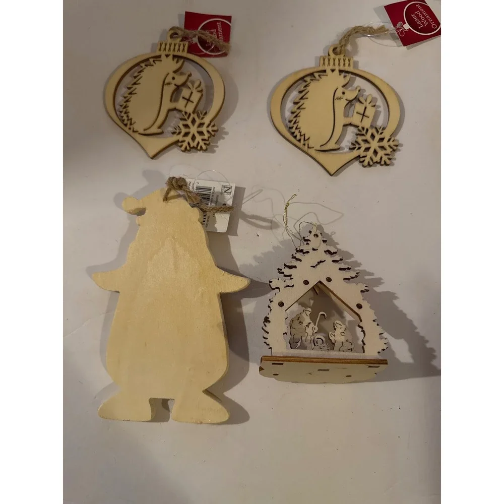 Wood Ornament Set Natural New Laser Cut Nativity Animal 4pc